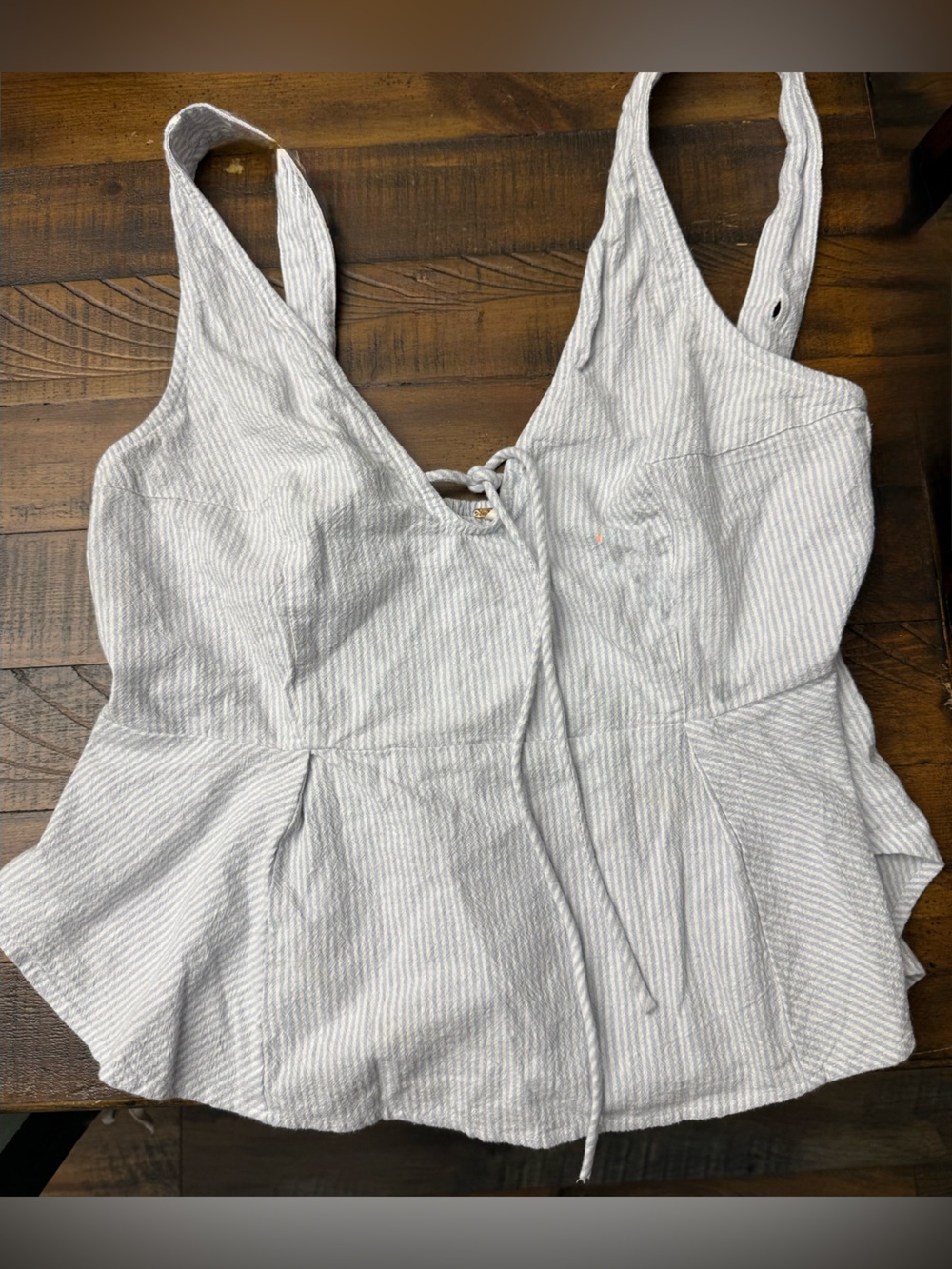 Free People Striped V-Neck Peplum Tank Top in Light Gray and White